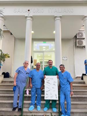 Dr. Gagan Singh, Dr. Susheel Kodali, and Dr. Azeem Latib with principal investigator, Dr. Adrian Ebner, following the initial first-in-human cases with the Supira System. 