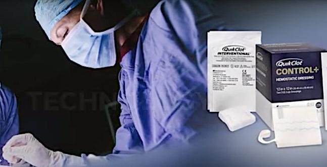 QuickClot already has an FDA-cleared product for use for vascular access hemostasis management in cath lab procedures. The hemostatic technology consists of a non-woven material impregnated with kaolin, an inorganic mineral. When kaolin contacts blood it activates Factor XII, which accelerates the body’s natural clotting cascade.
