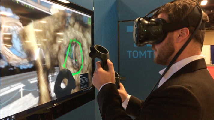 TomTec's work-in-progress virtual reality workstation to review echo exams in actual 3-D using video gaming technology. The operator is performing an valve area quantification measure during a demonstration on the expo floor of the American Society of Echocardiography (ASE) 2018 in June. #ASE #ASE2018 #ASE18 #echocardiography #tomtec