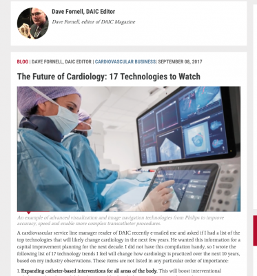 DAIC Editor Dave Fornell won the 2018 AZBEE national silver award for best blog for "The Future of Cardiology: 17 Technologies to Watch. DAIC magazine - diagnostic and interventional cardiology magazine.