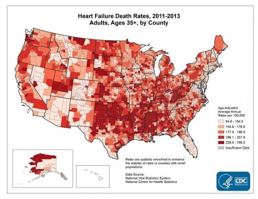 CDC Heart Failure U.S. death rate map