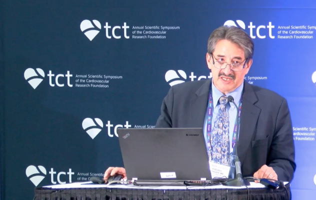 Mitchell W. Krucoff M.D., FACC, FAHA, FSCAI, professor of medicine/cardiology, Duke University Medical Center, director, cardiovascular devices unit, Duke Clinical Research Institute, presenting the Japan-USA HARMONEE trial results during a press conference at TCT 2017. 