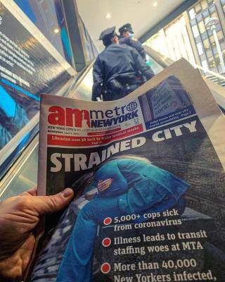 New York City newspaper headlines from April 1, 2020, and masked police officers at a subway station in Manhattan clearly outline the issues facing the city's hospitals during the height of COVID-19 pandemic in New York. Photo by Mike Borchardt. How Cardiology Dealt With the COVID-19 Surge in New York City