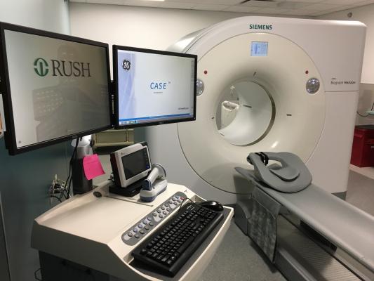 The Rush Medical Center PET-CT system room. The Rb-82 radiotracer generator is located on the back side of the system.
