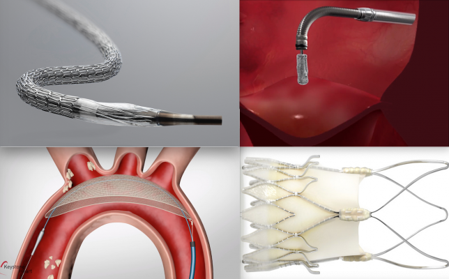 Some of the device technologies discussed in the TCT 2020 late-breaking trial sessions. Top left, the  Medtronic Resolute Onyx stent was the first stent to receive FDA clearance for short duration dual-antiplatelet therapy, which was a big topic and subject of several sessions. Lower left, the Keystone TriGuard 3 TAVR embolic protection device did not demonstrate superiority over TAVR without use of embolic protection. Top right, the Abbott MitraClip. Acurate neo TAVR valve. #TCTconnect #TCT2020