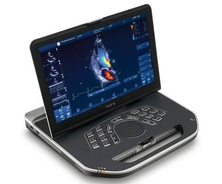 The GE Vivid iq cardiac ultrasound system offers premium echo system imaging and software features in a compact, mobile system designed for use in the cath lab.