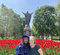 Dushani Ranasinghe, PhD, left, and Margaret Schwarz, MD, at Ranasinghe's graduation ceremony from the University of Notre Dame.