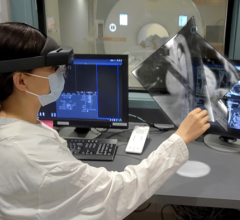 A composite photo demonstrating how mixed reality visualization would be combined with robotic surgery in an MRI. 