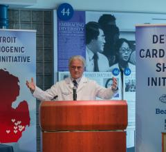 William O'Neill, M.D., unveils the Detroit Cardiogenic Shock Initiative at Henry Ford Hospital. The program uses new protocols to reduce cardiogenic shock mortality by 50 percent by using early hemodyanmic support. 
