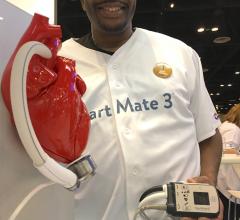 A patient who received the HeartMate III LVAD system showing off his external battery pack. He served as a patient ambassador in the Abbott booth at ACC 2018. The HeartMate III, with its magnetic levitated pump, showed a big reduction in clotting over previous LVADs in a key late-breaking trial at ACC earlier this year.