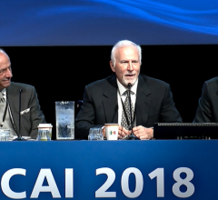 Richard Schatz, M.D., (center) is research director of cardiovascular interventions at the Heart, Lung, and Vascular Center at Scripps Clinic, speaking at a SCAI session on collaboration with industry to bring new device technologies to market. He is best known as the co-inventor of the first coronary stent, the Palmaz-Schatz stent. Left is Ziyad Hijazi, M.D., MPH, director of the Sidra Cardiac Program. #SCAI, #SCAI2018