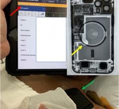 A device programmer showing the suspension of ICD therapies (orange bar, red arrow) with iPhone 12 laying over patient’s chest (green arrow) and fluoroscopy of iPhone 12 showing the circular magnet array (yellow arrow). iPhone 12 can cause ICDs to stop working