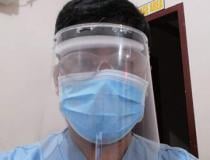 A radiology technologist Dodge Moises made his own personal protective equipment (PPE) face shield due to a severe shortage of PPE at Sen. Gerardo M. Roxas Memorial District Hospital in Iloilo City, Philippine. He used X-ray film that had gone bad with the emulsion stripped off, foam packing material, elastic and a glue gun to make own face shields for the techs. They were only issued 2 pairs of PPE for the duration of COVID-19, so they had to supplement. Photo by Dodge Moises.