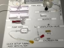 A display board showing all the components that go into the construction of an Impella percutaneous heart pump catheter.