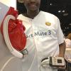 A patient who received the HeartMate III LVAD system showing off his external battery pack. He served as a patient ambassador in the Abbott booth at ACC 2018. The HeartMate III, with its magnetic levitated pump, showed a big reduction in clotting over previous LVADs in a key late-breaking trial at ACC earlier this year.