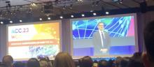 The Opening Showcase of the American College of Cardiology's Annual Scientific Session Together with the World Congress of Cardiology, ACC.23/WCC, featured comments from Ed Fry, MD, ACC President, shown here, the event Chair and World Heart Federation President. the 3-day global gathering of cardiologists is taking place March 4-6 in New Orleans, LA.