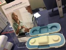 An example of one of the new generation wearable cardiac monitors that sticks onto the patient's chest and does not require wires leads. These devices continuously record data, which can be reviewed online by the physician. 