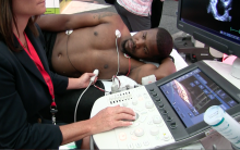 An echocardiogram being performed on a patient using a Toshiba ultrasound system at ASE 2017. ASE offers appropriate use criteria (AUC) for echocardiograms. 