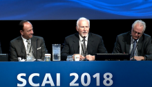 Richard Schatz, M.D., (center) is research director of cardiovascular interventions at the Heart, Lung, and Vascular Center at Scripps Clinic, speaking at a SCAI session on collaboration with industry to bring new device technologies to market. He is best known as the co-inventor of the first coronary stent, the Palmaz-Schatz stent. Left is Ziyad Hijazi, M.D., MPH, director of the Sidra Cardiac Program. #SCAI, #SCAI2018