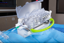 The Siemens Corindus Corpath cath lab robotic navigation system table side unit.